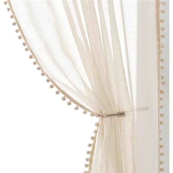 Pompom Linen Sheer Curtains for Living Room 84inches Long Decorative Natural - Picture 7 of 7